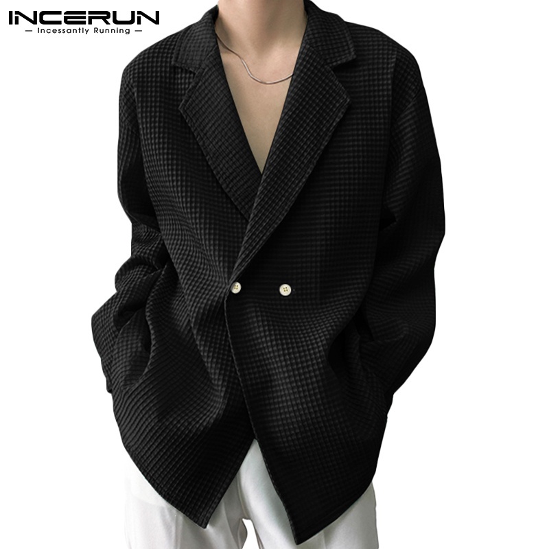 Áo blazer INCERUN tay dài dáng rộng mỏng màu trơn kẻ sọc thời trang dành cho nam