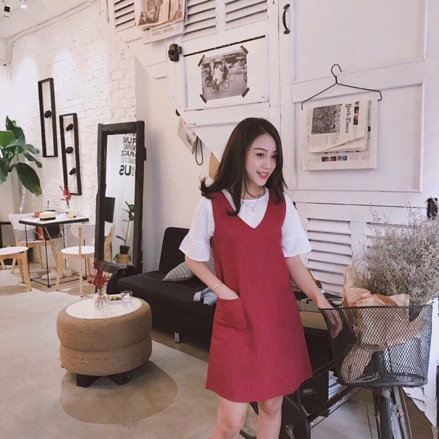 💕Set đầm sọc chỉ cổ V áo tay loe💕 