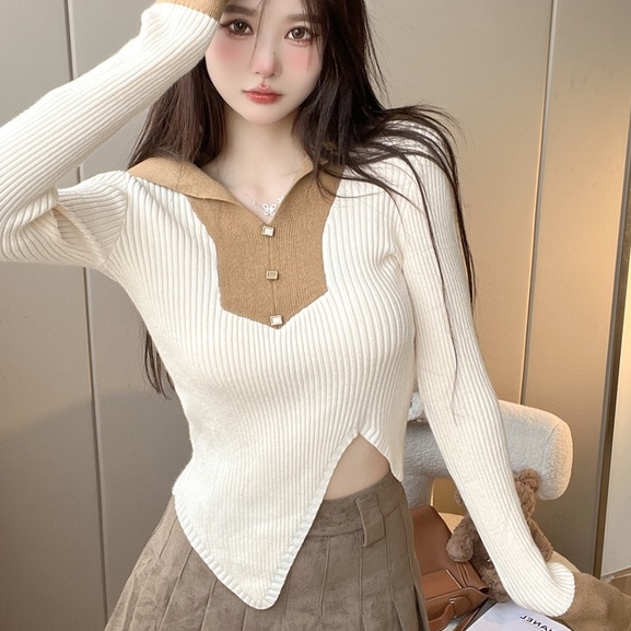 ZHELIHANGFEI Đầm Dệt Kim Tay Dài Cổ Bẻ Lưng Cao Xẻ Tà Thiết Kế Lệch Tà Thời Trang Quyến Rũ