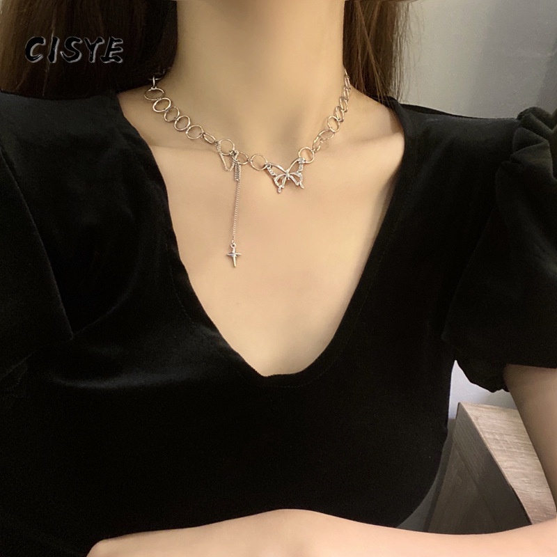 Vòng cổ Choker mặt tròn hình bướm phong cách Hip Hop dành cho nữ