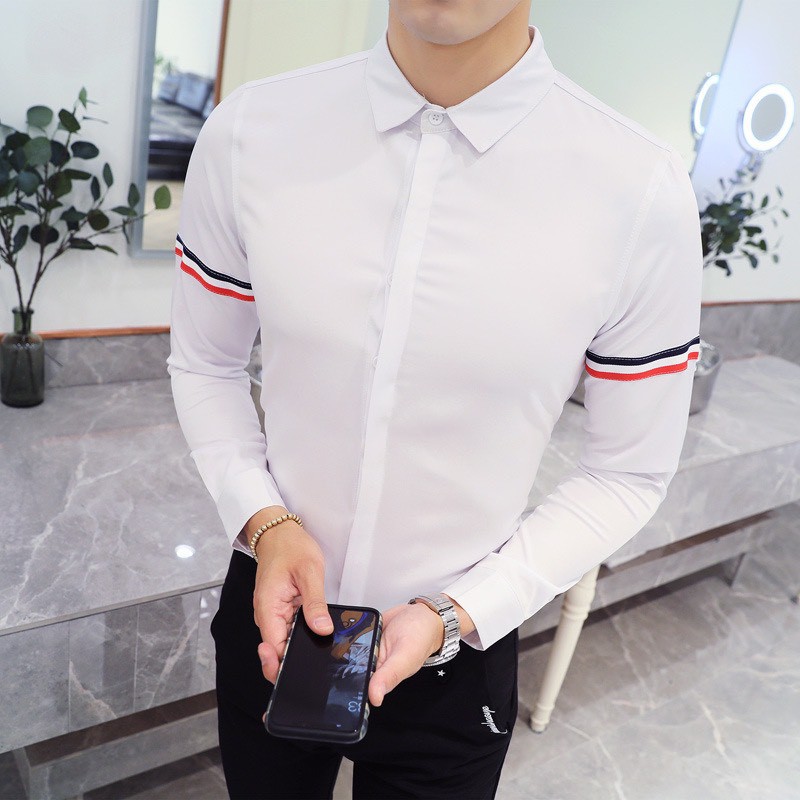 Áo sơ mi nam tay dài basic phối Kẻ Vạch tay áo chất Lụa pha cotton sịn áo sơ mi nam văn phòng dáng ôm cổ bẻ chống nhăn