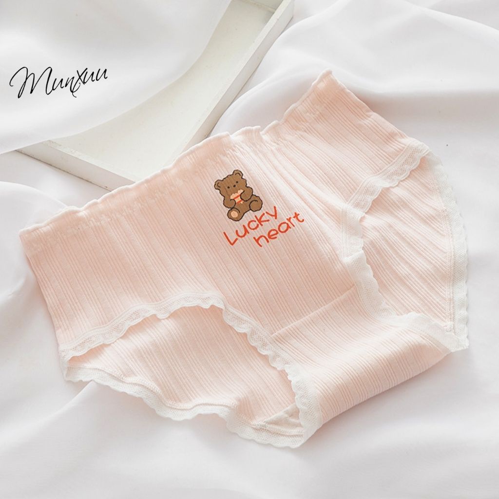 Quần lót Cotton hình gấu dễ thương Munxuu, gân tăm co dãn 4 chiều phối ren trẻ trung - QC90