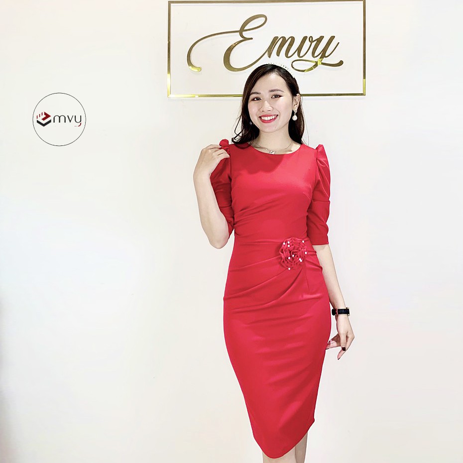 Đầm Body Dáng Ôm ,Nhún Eo Cổ Tròn Tay Bồng Emvy - V98