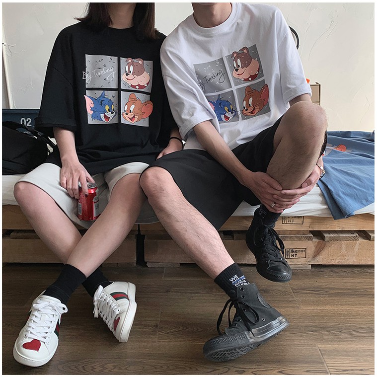 Áo thun tay lỡ unisex mèo tom chuột jery ulzzang freesize / Áo phông rộng