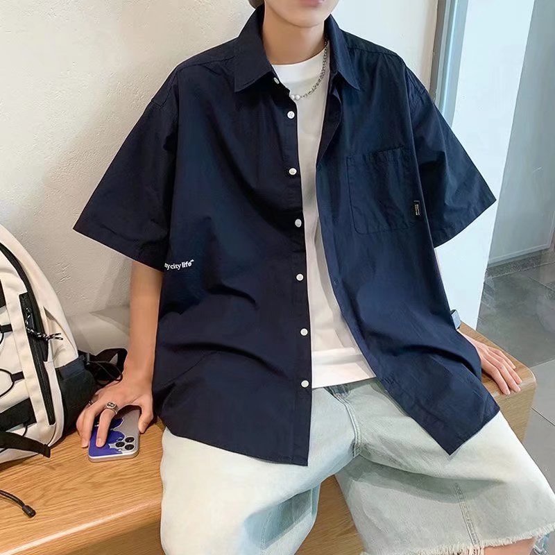Áo Sơ Mi Tay Ngắn Dáng Rộng Màu Sắc Đơn Giản Phong Cách Nhật Bản Thời Trang Hè 2022 Cho Nam