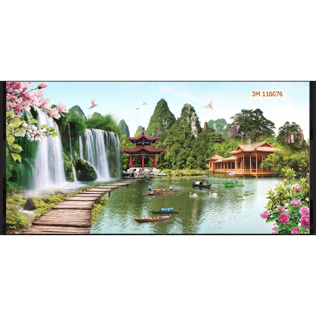 Tranh phong cảnh dòng sông thác nước dán tường 3d. tranh in vải lụa, kèm keo dán