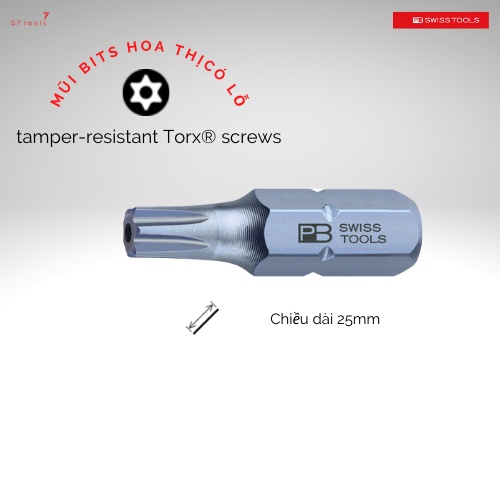 Mũi Vít/ Bits Hoa Thị Torx Có Lỗ Tamper-Resistant Torx® Screws Chiều Dài 25mm PB Swiss Tools C6.400B B