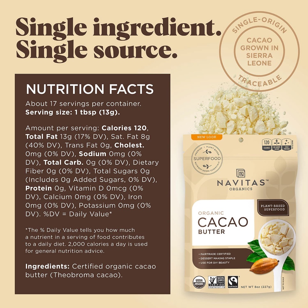 BỘT BƠ CACAO HỮU CƠ Navitas Organics Cacao Butter, Organic, Non-GMO, Fair Trade, Gluten-Free, 227g (8 oz)
