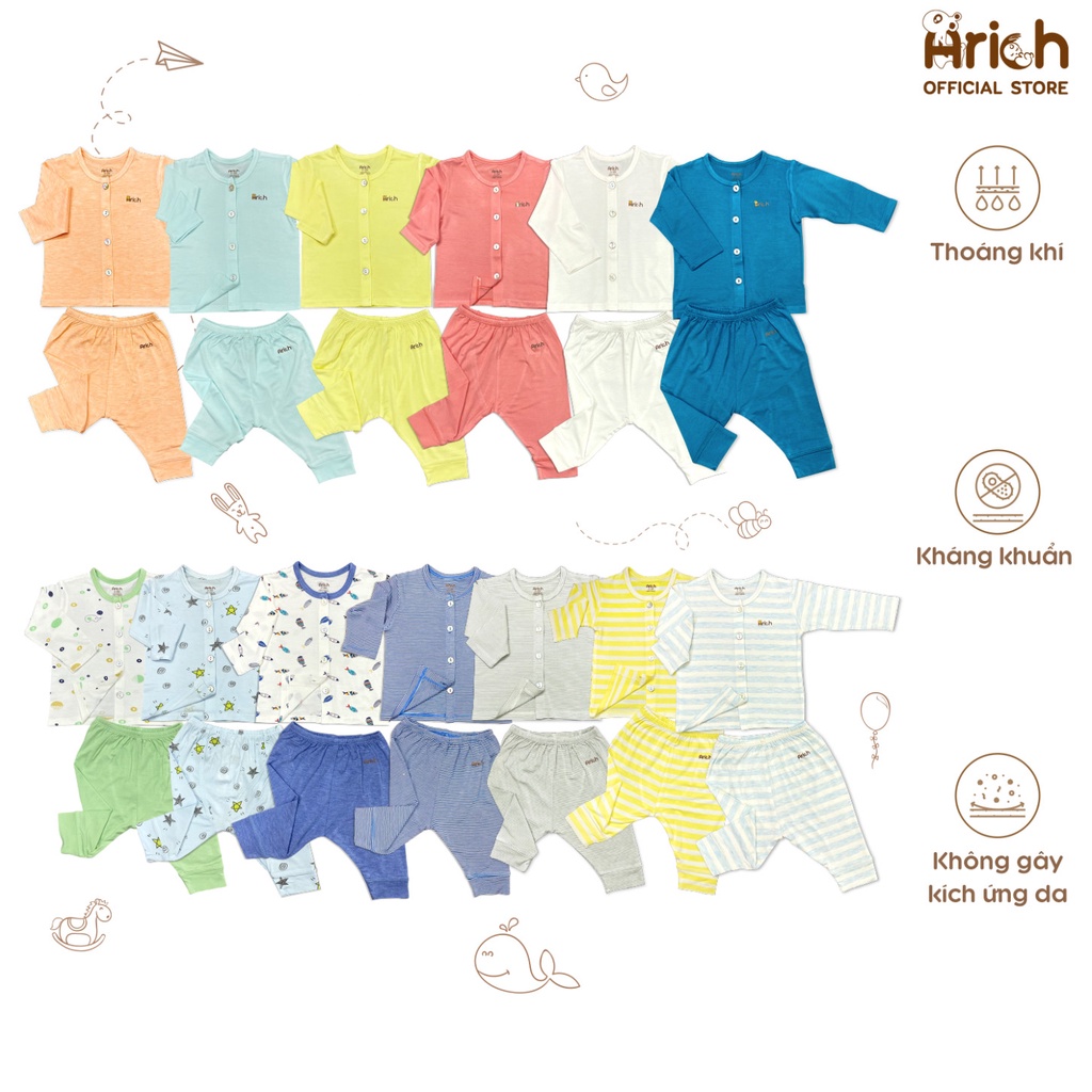 Bộ quần áo dài tay cài thẳng Arich họa tiết (size 0-3 tháng đến 12-18 tháng)