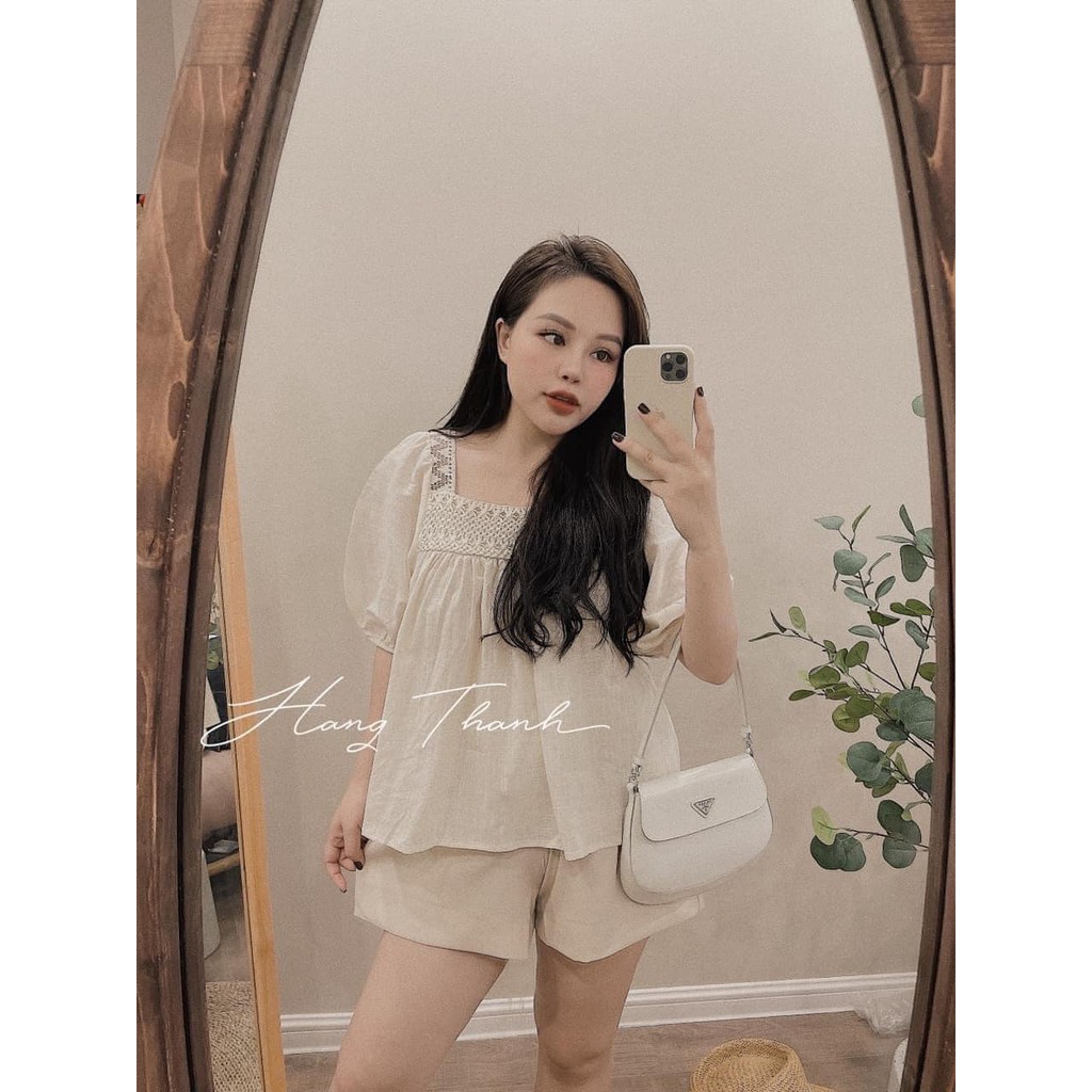 Set kiểu Hàn Quốc S.046, set áo babydoll cổ vuông pha ren và quần đùi kaki cực xinh