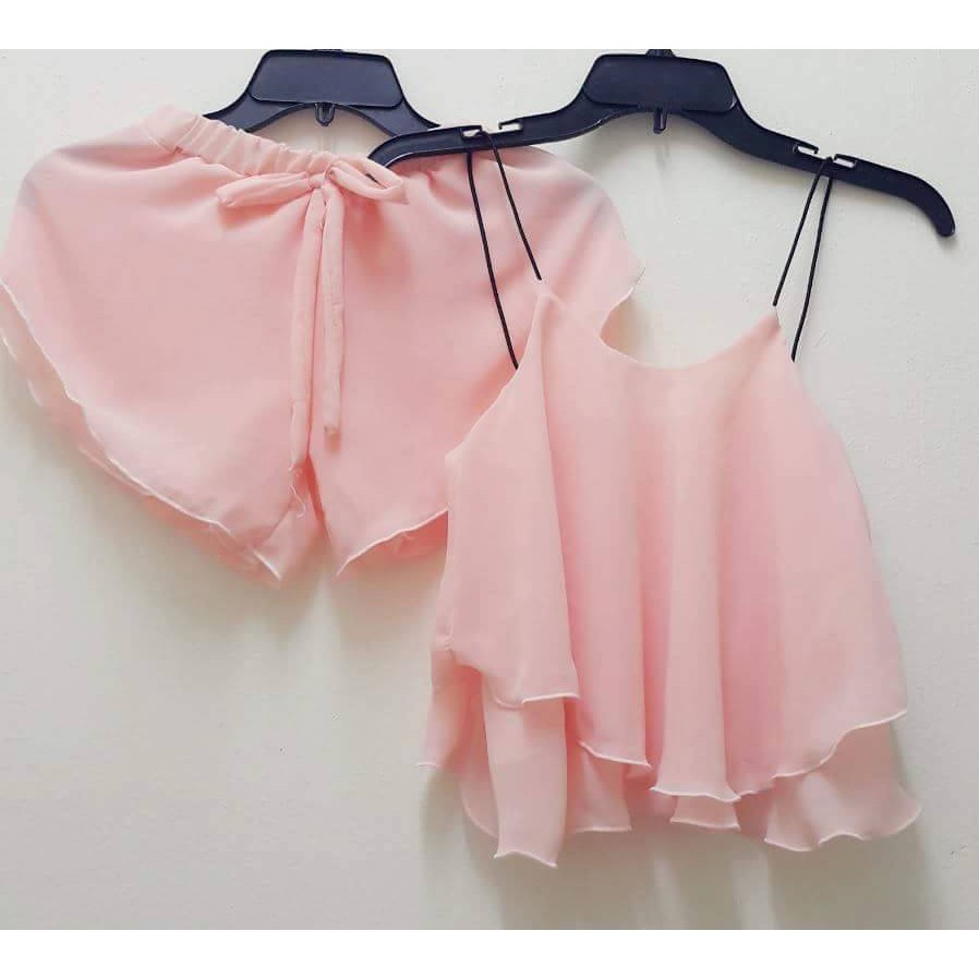 Bộ mặc nhà 2 dây mát mẻ chất voan 2 lớp 2 tầng, bộ đồ ngủ, SET BƯỚM