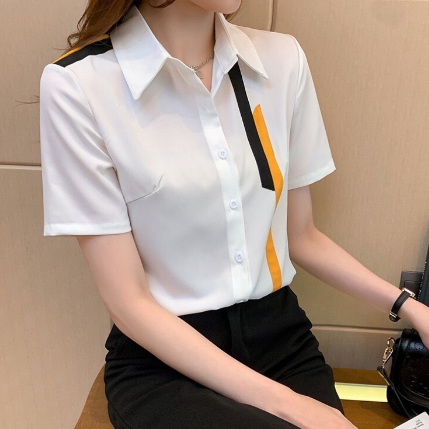 Áo sơ mi nữ ngắn tay kiểu đẹp viền một bên vai phong cách Hàn Quốc kiểu dáng basic trẻ trung sang trọng