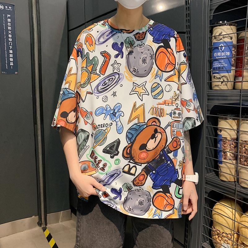 Áo Thun Nam Tay Ngắn Cổ Tròn In Hình Gấu Hoạt Hình Phong Cách Hồng Kông Thời Trang Mùa Hè 12 Cho Nam