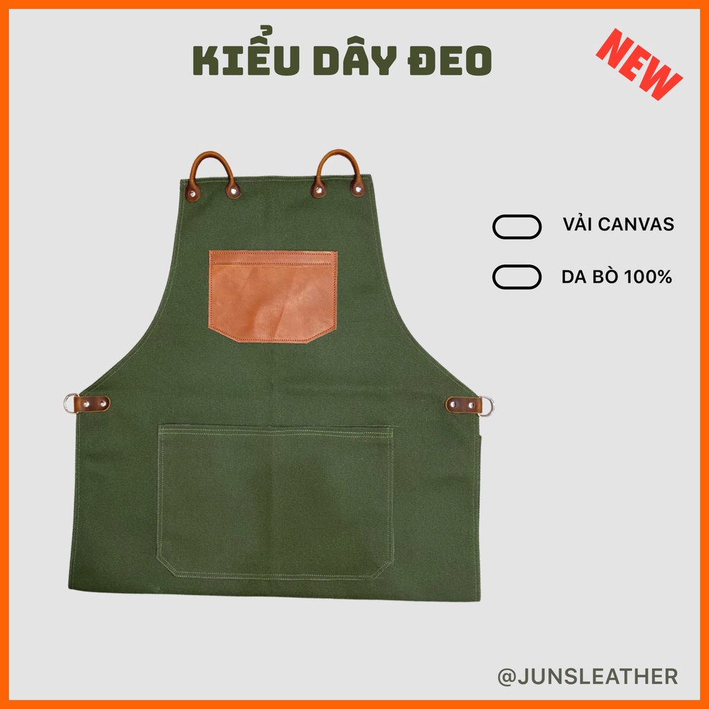 Tạp dề pha chế vải canvas dây da của Junsleather phối da bò cao cấp dành cho Barista/Bartender quán cà phê