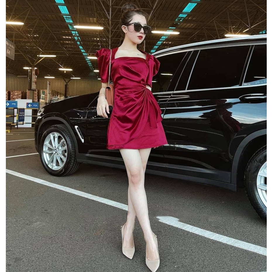Váy lụa cổ vuông Thiết Kế sang trọng, váy ôm xoắn eo tay bồng phong cách trẻ trung xinh xắn
