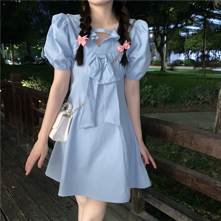 AMOI Đầm Tay Phồng Cổ Chữ V Màu Trơn Dễ Thương Dành Cho Nữ 2022