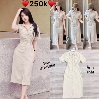 Đầm nhung tăm 2 túi cúc đồng 3m cho nữ