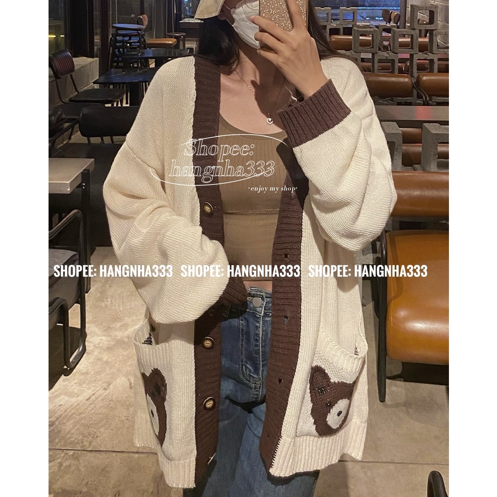 LOẠI 1 | Áo cardigan len viền họa tiết túi gấu form rộng dày dặn