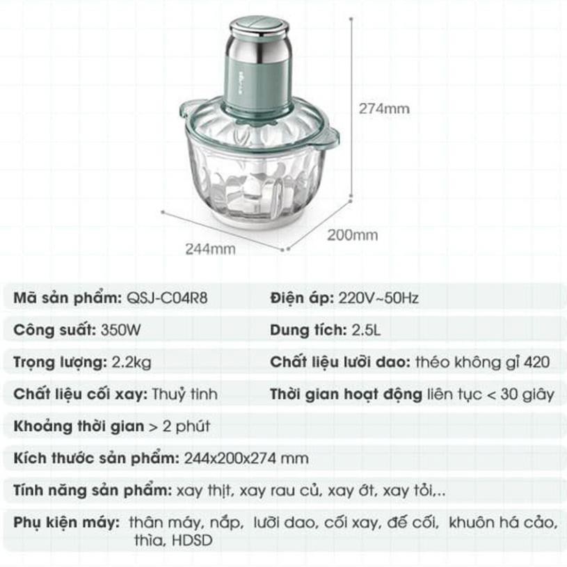 Máy say Cối xay thịt cá mini đa năng cầm tay Bear 2.5L bằng điện cối thủy tinh cao cấp chính hãng