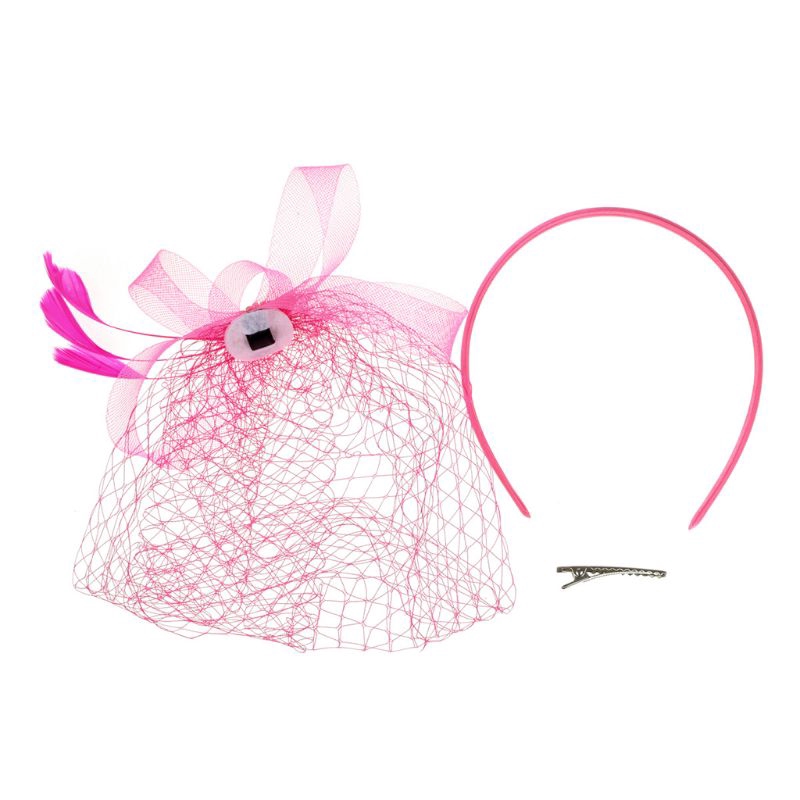 Băng đô cài tóc phối lưới che mặt đính kim cương và lông vũ