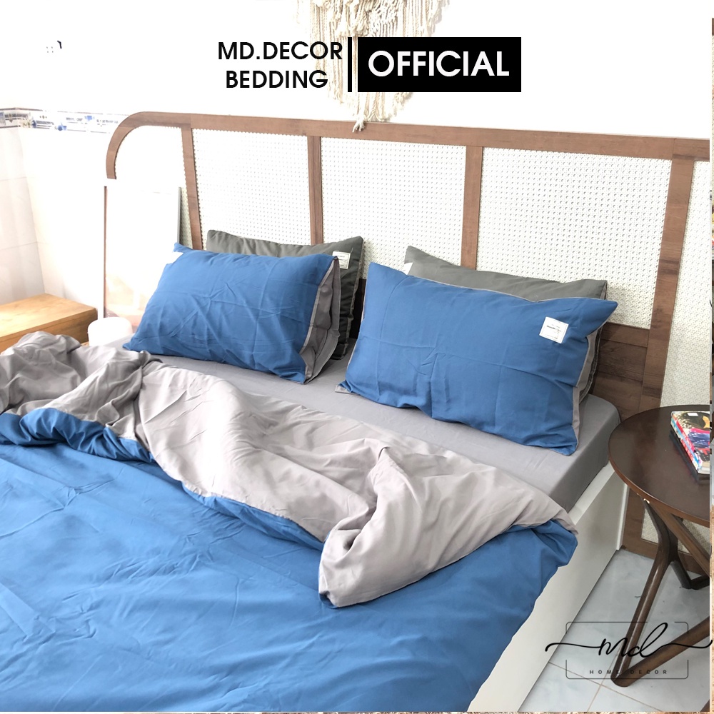 Bộ chăn ga gối cotton tici MD.Decor màu xanh dương phối xám nhiều kích thước nệm m2,m4,m6,m8