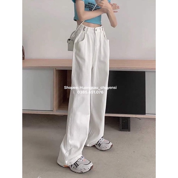 Quần Bò Nữ, Quần Jeans MÀU TRẮNG CÀI MÓC  Ống Rộng Dáng Dài Lưng Cao Dễ Phối Đồ