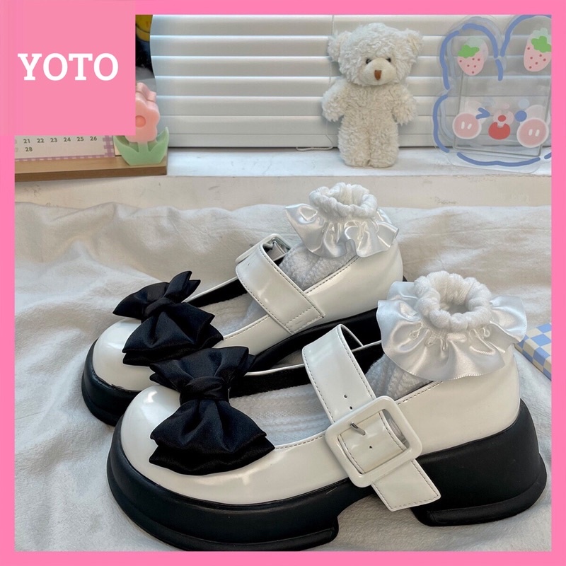 Giày lolita nữ độn đế cao gắn nơ đen,Giày da ulzzang nữ phong cách Hàn Quốc LT76