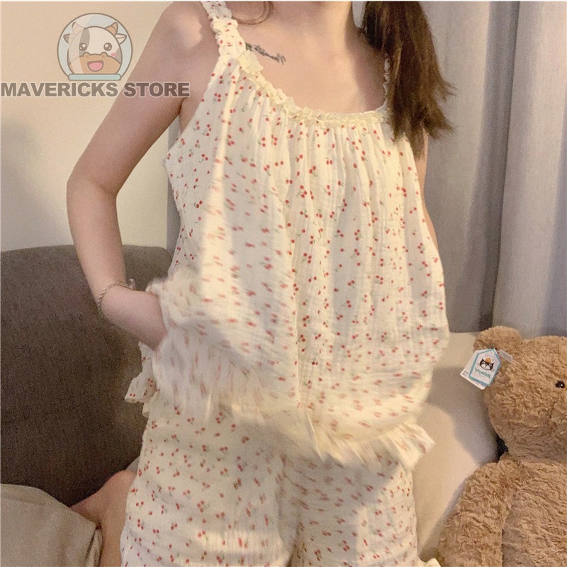 Bộ Đồ Ngủ Hai Dây Họa Tiết Quả cherry Dễ Thương Cho Nữ