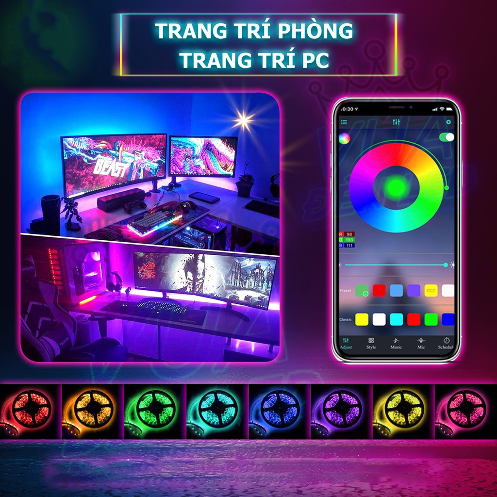 Đèn led Tiktok 3m 5m RGB 16 triệu màu điều khiển bằng điện thoại, nháy theo nhạc, combo dây led đổi màu kèm dây kết nối