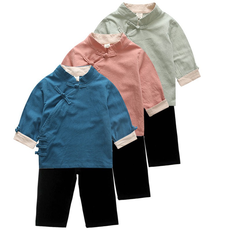 Set áo kiểu Tàu trơn màu có khuy chéo vạt + quần dài tối màu cực độc cho bé