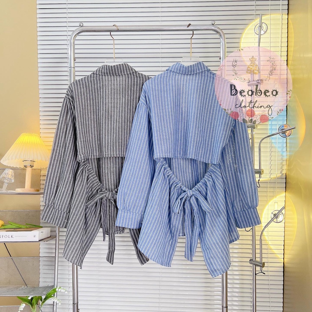 Áo sơ mi kẻ sọc rút dây cột nơ lưng ulzzang