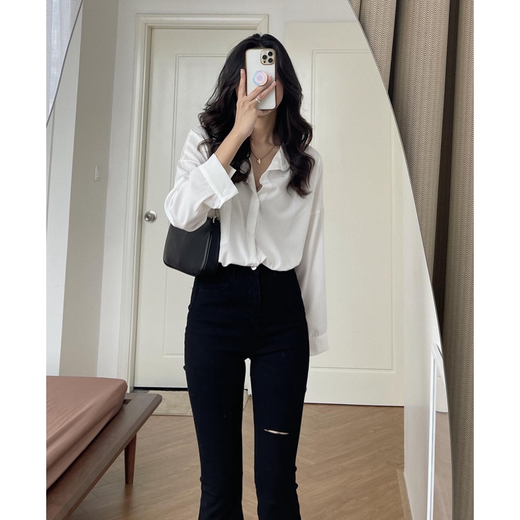 (ảnh thật) Audrey Quần jeans loe rách gối 1317