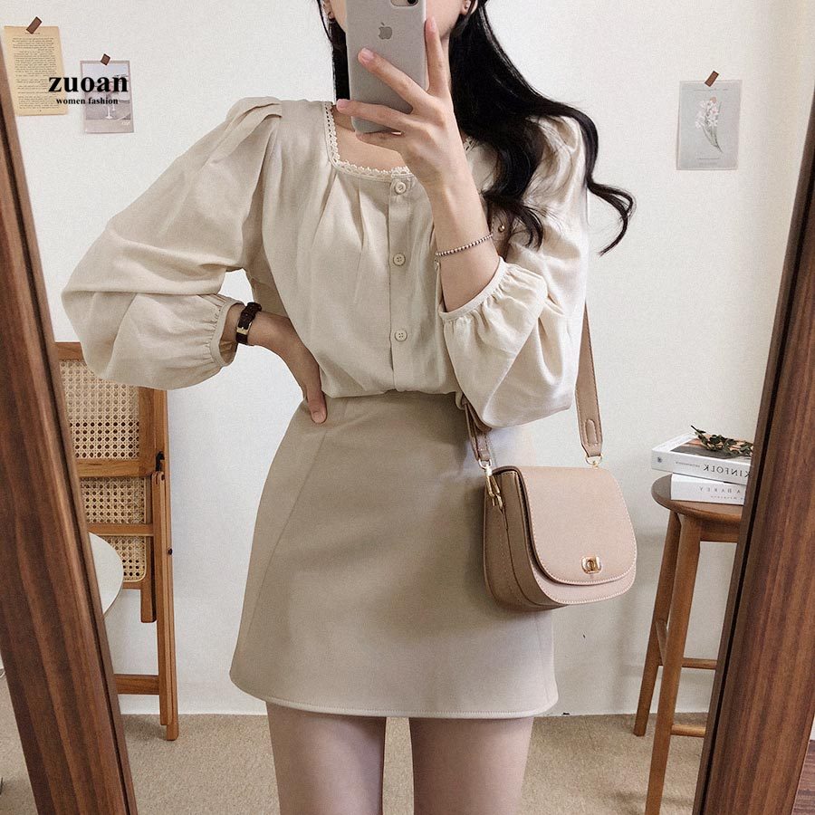 SUXI Áo Sơ Mi Nữ Thiết Kế Tay Dài Màu Trơn Kiểu Hàn Quốc