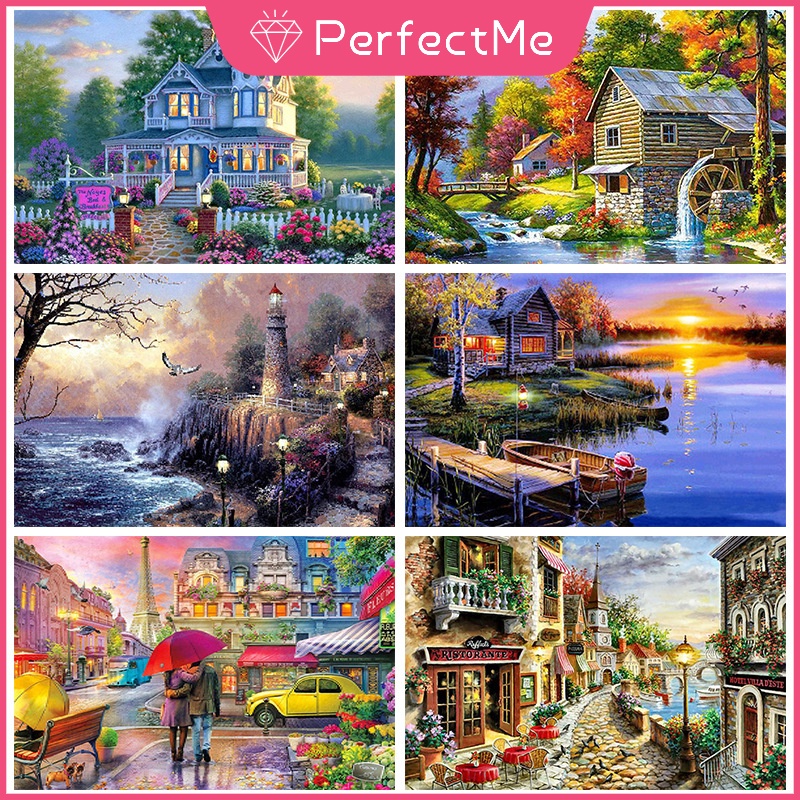 Bộ Tranh Đính Đá Họa Tiết Phong Cảnh Ngoài Trời Độc Đáo Kích Thước 40X30Cm