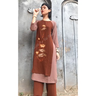 Áo dài đi chùa cách tân, hai lớp đũi mềm Cao Cấp  thêu  hoa mới, quần áo đi chùa,áo dài Shop_Quantutai