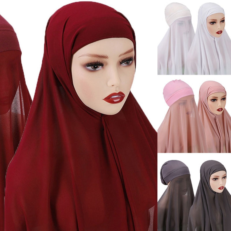 Flgo Khăn Choàng Hijab Màu Trơn Đính Ngọc Trai Co Giãn Kèm Dây Buộc