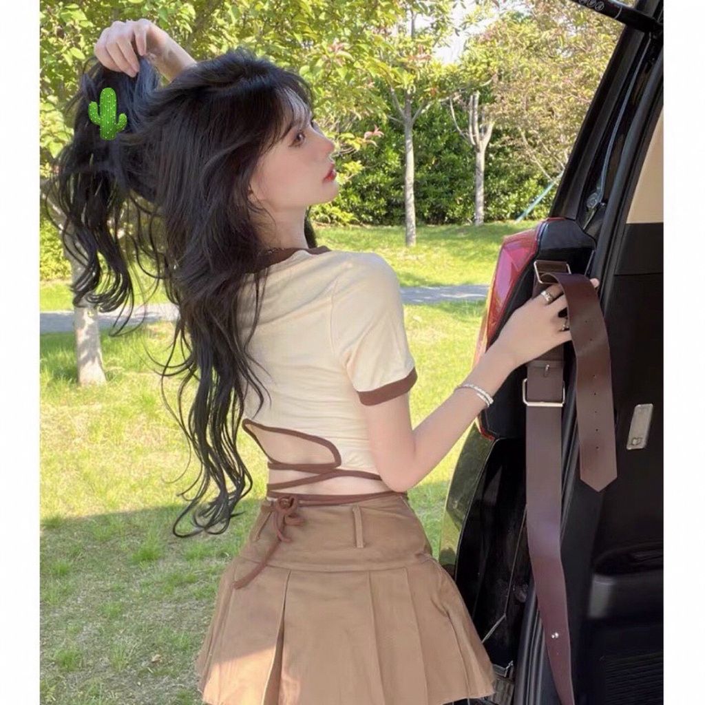 Áo kiểu croptop in họa tiết trước phối viền màu nâu và dây quần eo cực xinh , chất thun mềm mát