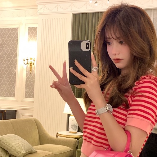 Áo dệt kim ZHELIHANGFEI tay ngắn họa tiết kẻ sọc thời trang cho nữ