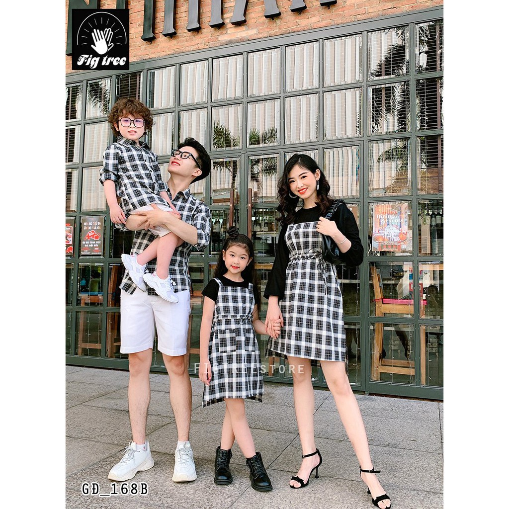 Combo Sơ Mi Váy Gia Đình Fig Tree Mã 168B Caro Đen Nữ Kèm Áo Thun