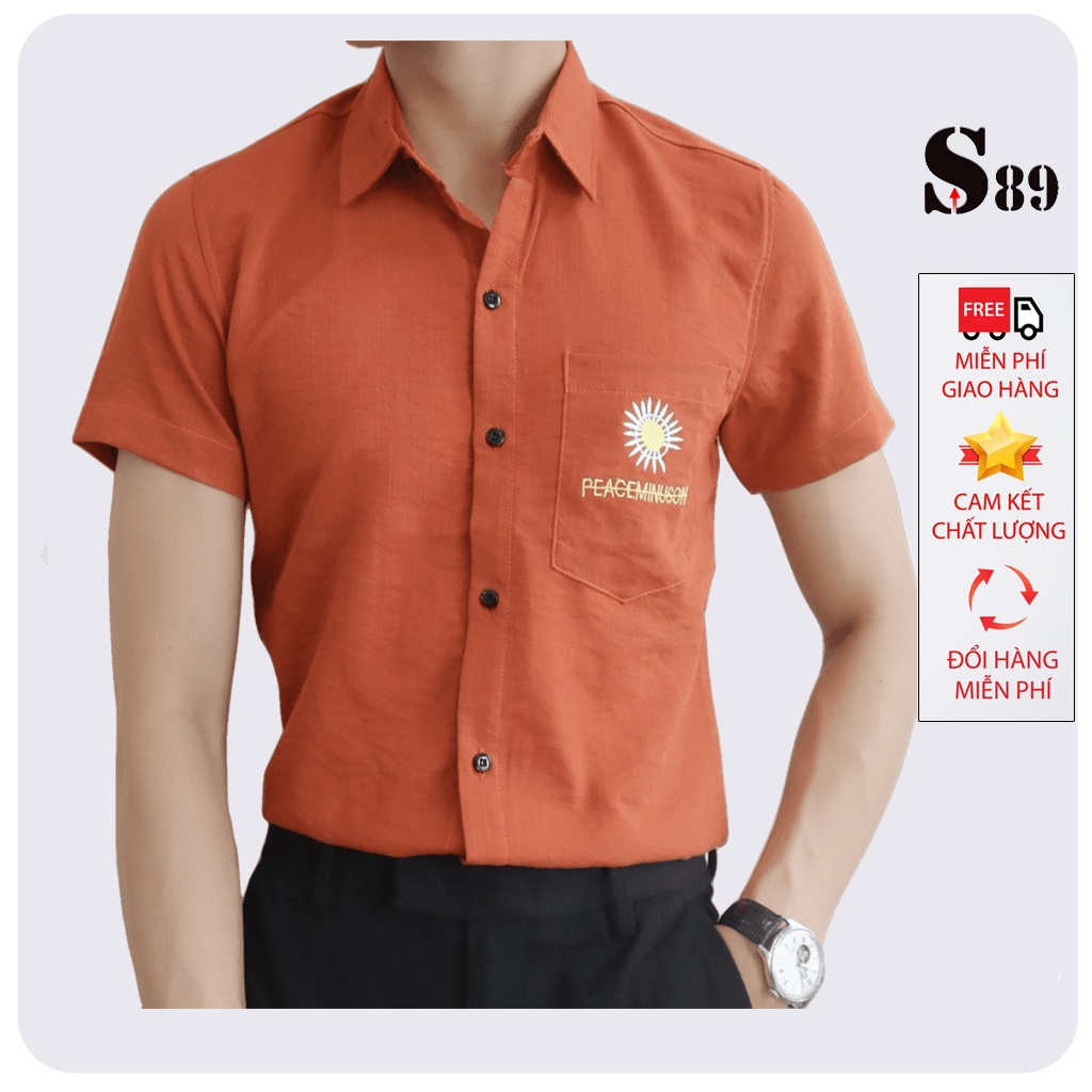 Áo sơ mi nam ngắn tay vải đũi thái xịn có túi thêu cúc dáng slim fit Hàn Quốc