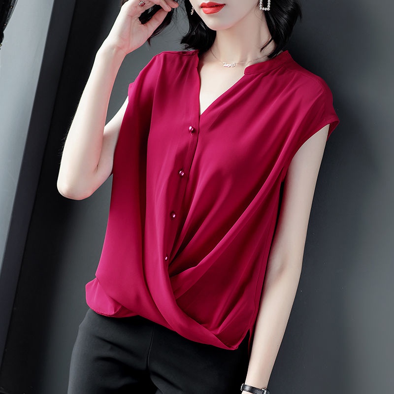 Áo sơ mi voan tay ngắn cổ chữ V thời trang dành cho nữ