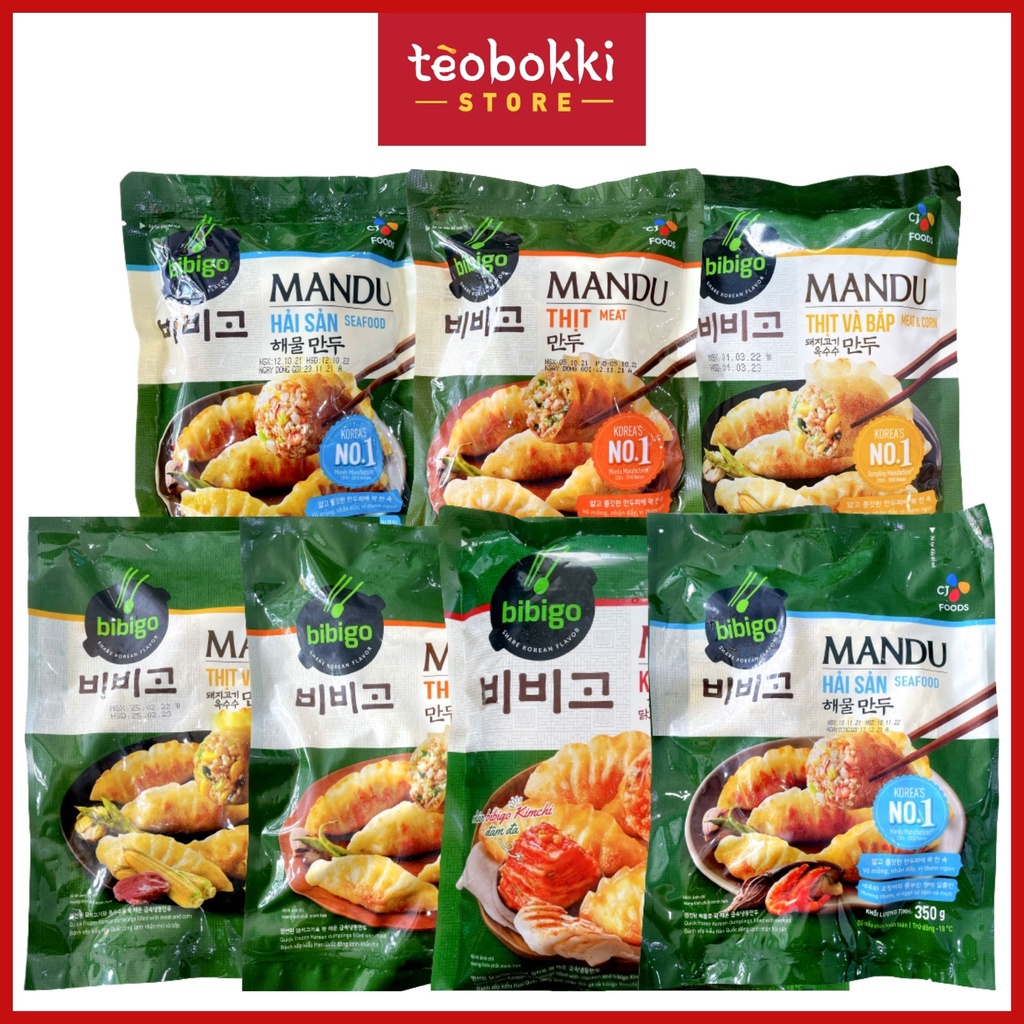 Bánh xếp Hàn Quốc (Mandu Bibigo nhân thịt & bắp, nhân hải sản, nhân kimchi & gà...)