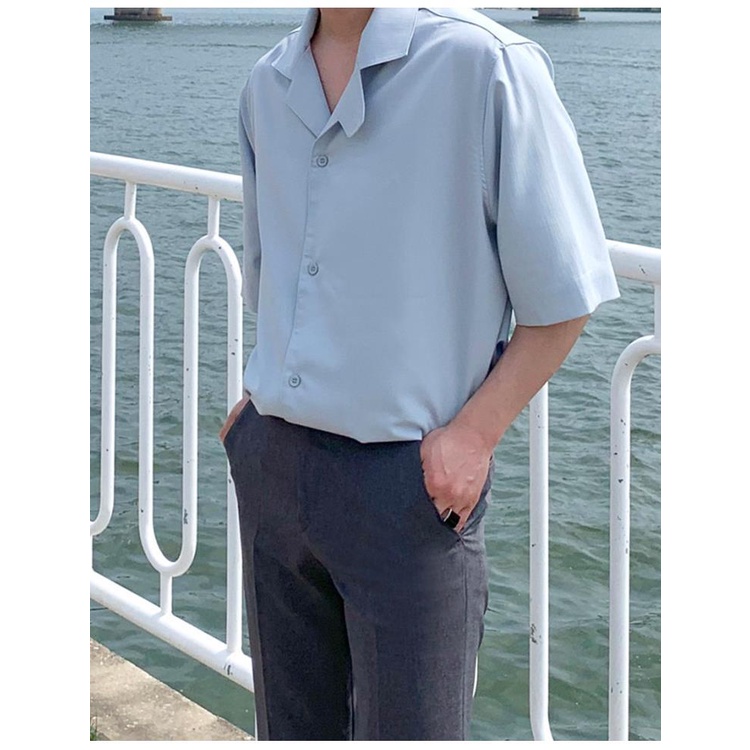 AMOI Áo Sơ Mi Nam Tay Ngắn Màu Xanh Nước Biển Thời Trang