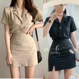 Sét bộ áo cổ vest và chân váy chữ A cao cấp (vải đũi siêu mát loại 1)