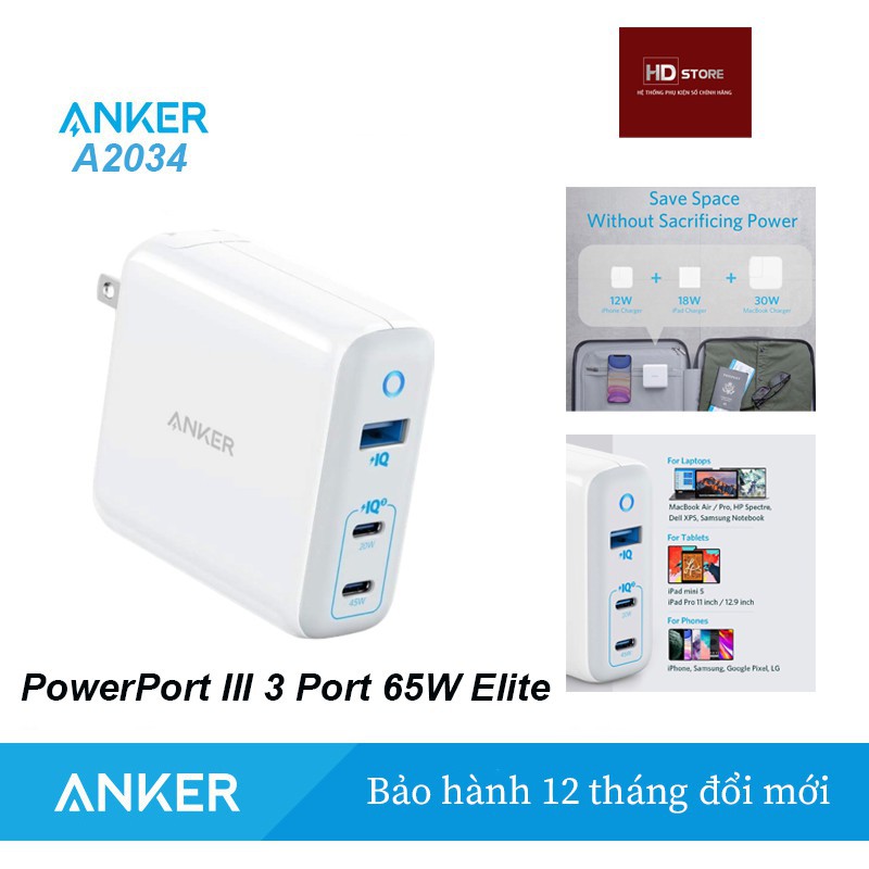 Củ Sạc Nhanh PD GAN Anker PowerPort 3 - 65W Elite A2034 / PowerPort Atom PD2 60w - A2029