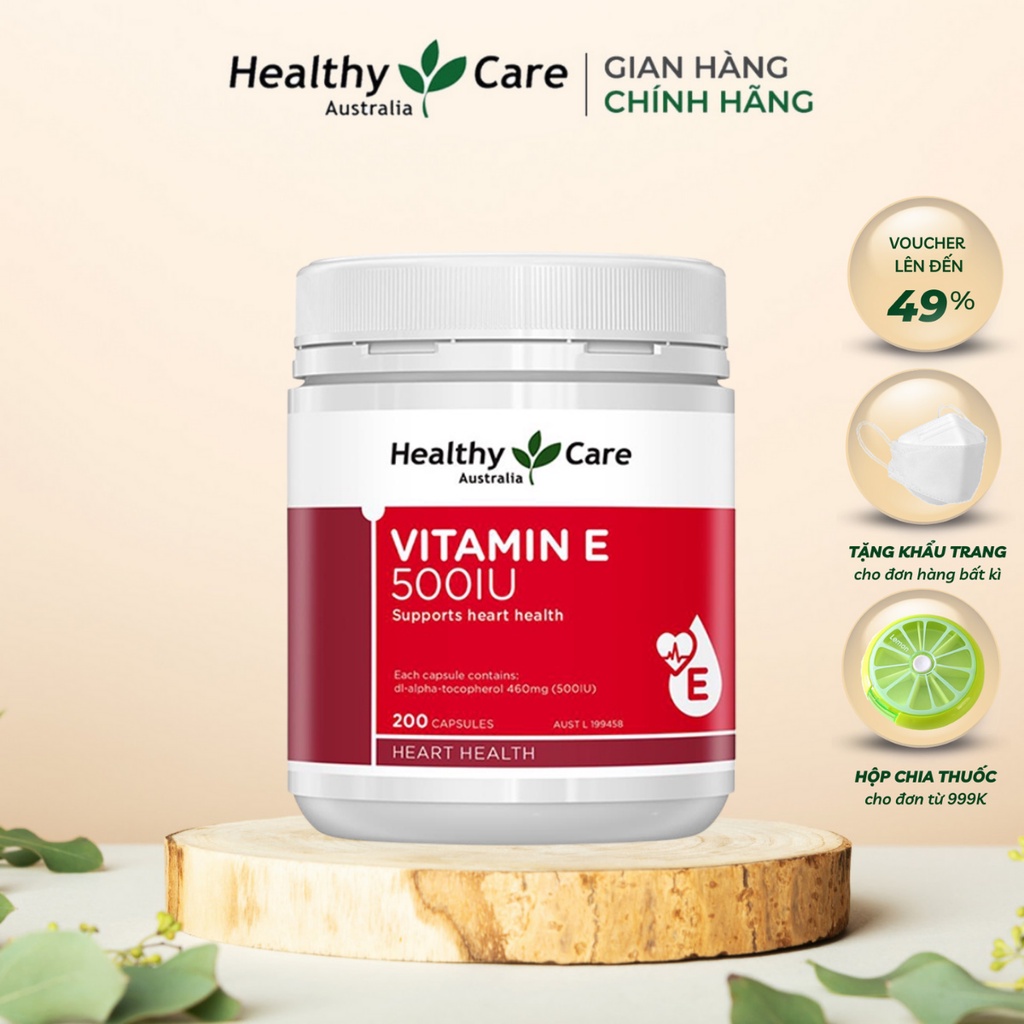Viên uống bổ sung Vitamin E Healthy Care 500IU 200 viên hỗ trợ tái tạo và làm đẹp da, cân bằng hoocmon, giảm oxy hóa