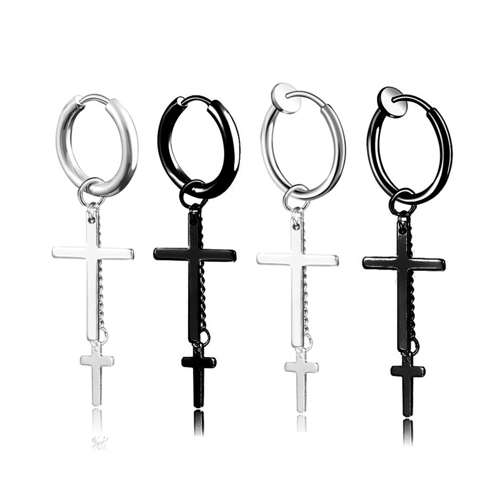 Khuyên tai inox không rỉ Idol Hàn Quốc dáng dài hình 2 cây thánh giá (1 chiếc) - XUÂN SHOP