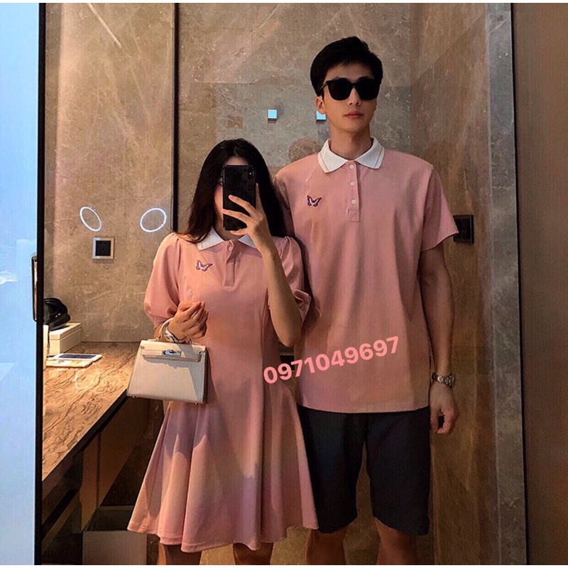 {Có ảnh thật} Váy thun đôi: Váy thun polo thêu bướm + Áo polo nam phối hợp