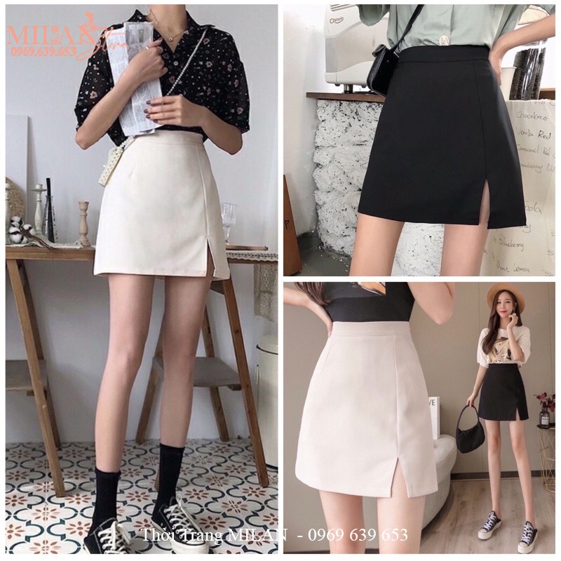 Chân váy ngắn chữ A ôm cạp cao xẻ trước có quần lót trong khóa sườn dáng chân váy chữ A công sở mặc đi làm hẹn hò biển