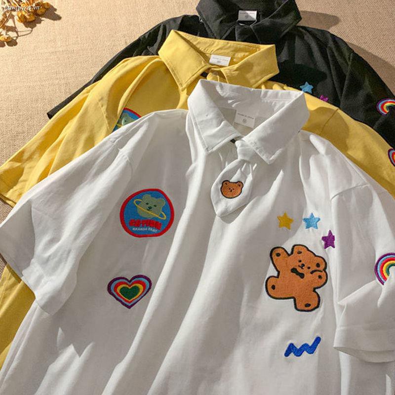 ❧✳№Super cute pattern embroidery polo shirt short sleeve T-shirt female cartoon Harajuku style couple design sense lapel top trend